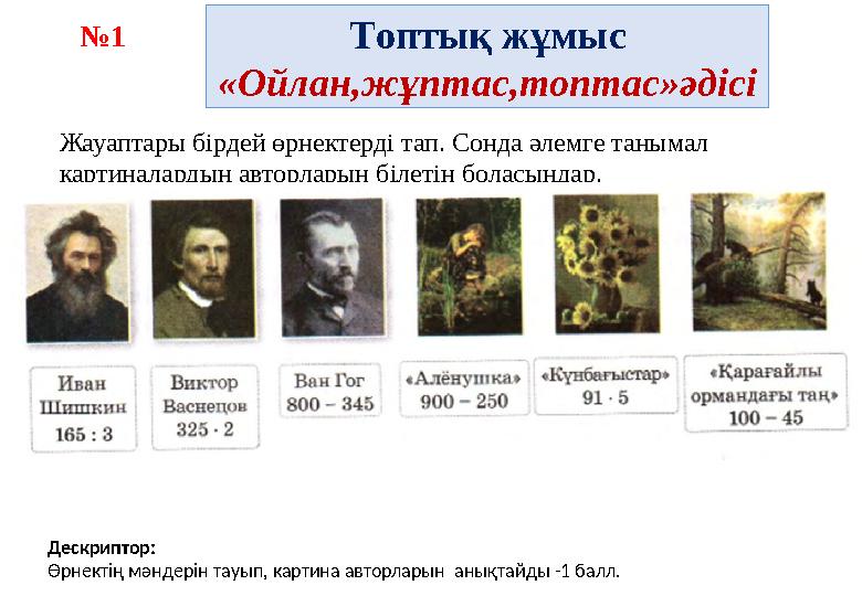 Топтық жұмыс «Ойлан,жұптас,топтас»әдісі №1 Жауаптары бірдей өрнектерді тап. Сонда әлемге танымал картиналардың авторларын біле