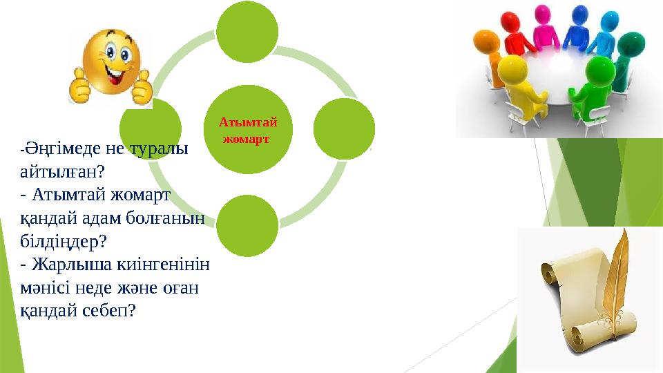 Атымтай жомарт -Әңгімеде не туралы айтылған? - Атымтай жомарт қандай адам болғанын білдіңдер? - Жарлыша киінгенінін мәнісі