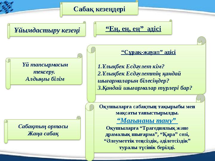 Сабақ кезеңдері Ұйымдастыру кезеңі “Ең, ең, ең” әдісі Үй тапсырмасын тексеру. Алдыңғы білім “Сұрақ-жауап” әдісі 1.Ұлықбе