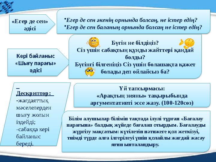 «Егер де сен» әдісі •Егер де сен әкенің орнында болсаң, не істер едің? •Егер де сен баланың орнында болсаң не істер едің? Кері