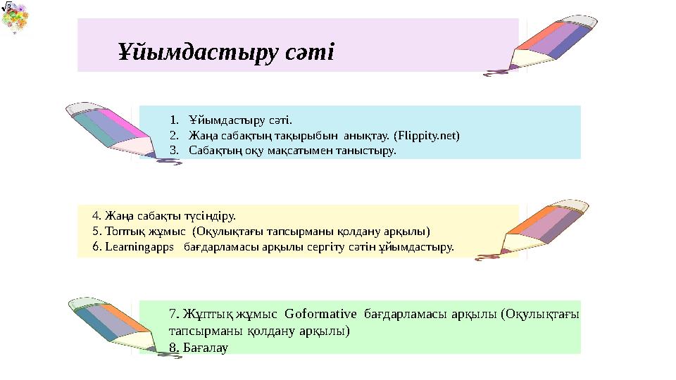 Ұйымдастыру сәті 1.Ұйымдастыру сәті. 2.Жаңа сабақтың тақырыбын анықтау. (Flippity.net) 3.Сабақтың оқу мақсатымен таныстыру. 7.