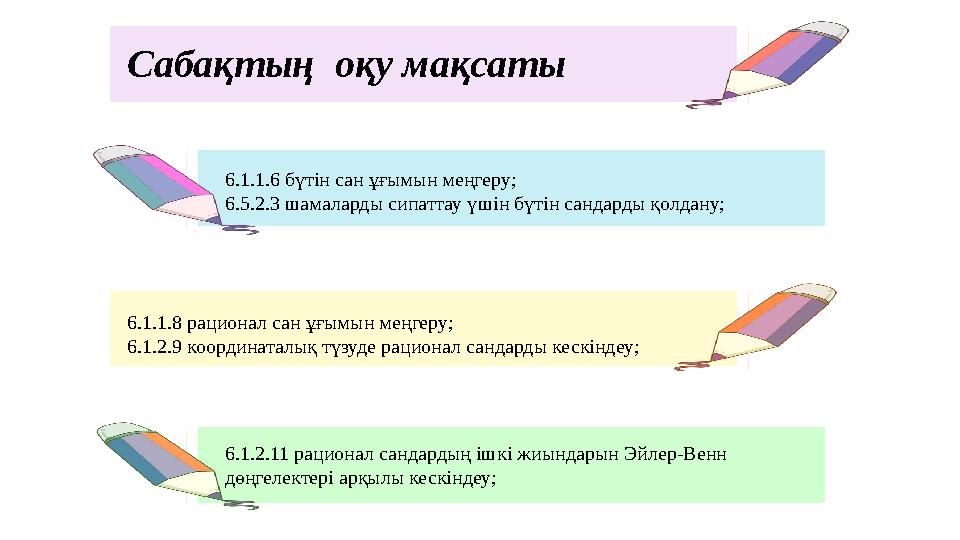 Сабақтың оқу мақсаты 6.1.1.6 бүтін сан ұғымын меңгеру; 6.5.2.3 шамаларды сипаттау үшін бүтін сандарды қолдану; 6.1.1.8 рационал