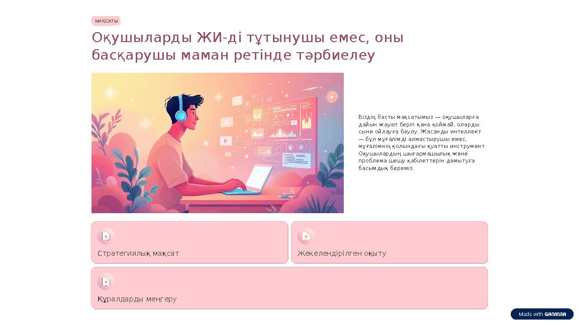 МАҚСАТЫ Оқушыларды ЖИ-ді тұтынушы емес, оны басқарушы маман ретінде тәрбиелеу Біздің басты мақсатымыз — оқушыларға дайын жауап