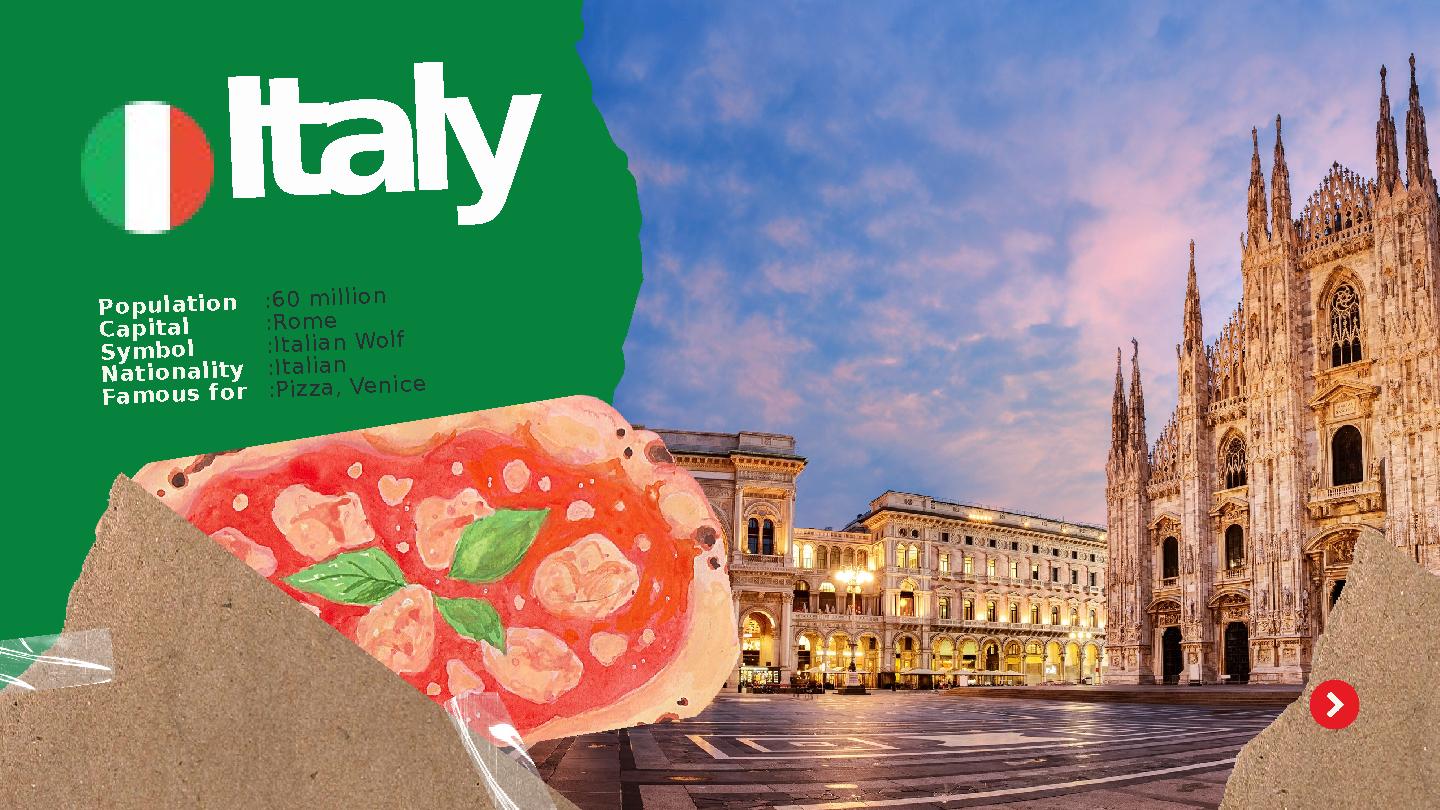 :60 million :Rome :Italian Wolf :Italian :Pizza, Venice Italy Population Capital Symbol Nationality Famous for