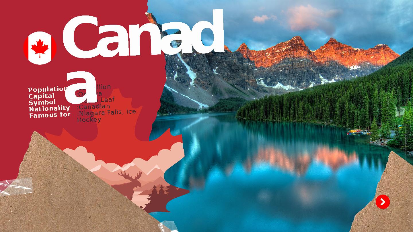 :38 million :Ottawa :Maple Leaf :Canadian :Niagara Falls, Ice Hockey Canad a Population Capital Symbol Nationality Famous for