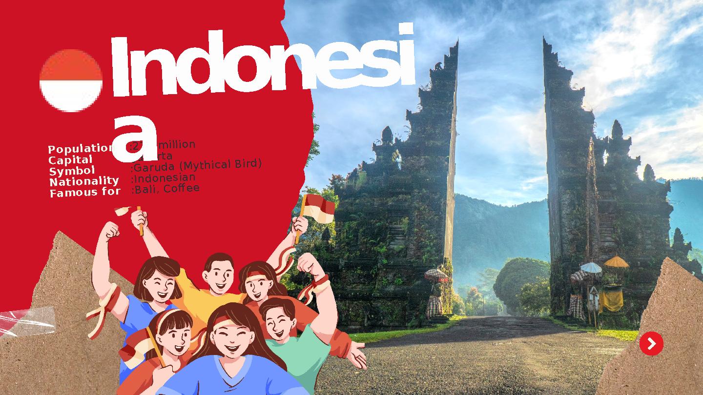 :273 million :Jakarta :Garuda (Mythical Bird) :Indonesian :Bali, Coffee Indonesi a Population Capital Symbol Nationality Famous
