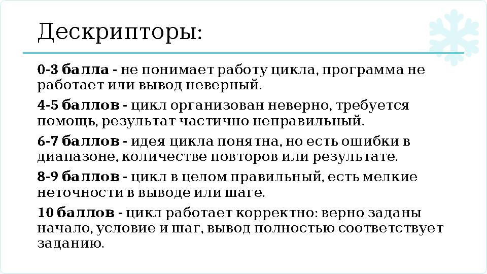 : Дескрипторы 0-3 - балла , непонимаетработуцикла программане . работаетиливыводневерный 4-5 - баллов , циклорганизован