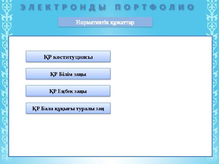 Э Л Е К Т Р О Н Д Ы П О Р Т Ф О Л И О Нормативтік құжаттар ҚР коституциясы ҚР Білім заңы ҚР Еңбек заңы ҚР Бала құқығы туралы за