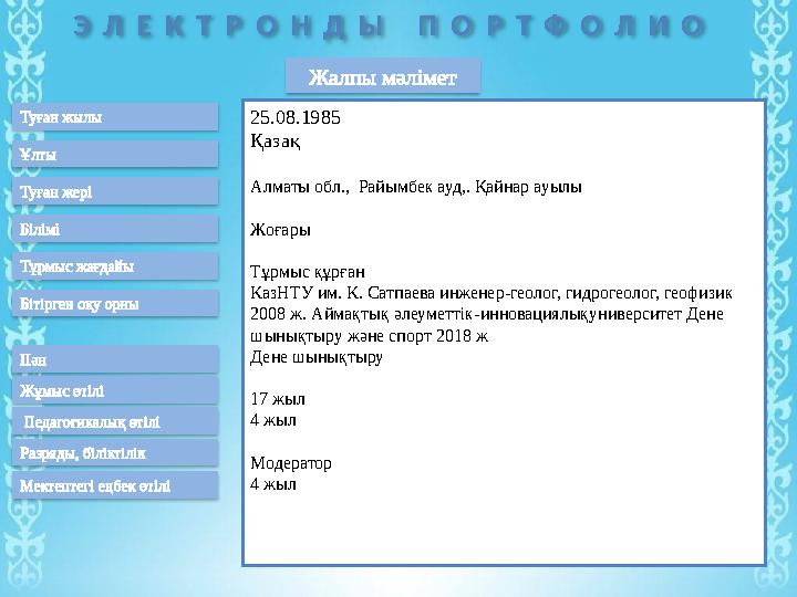 Э Л Е К Т Р О Н Д Ы П О Р Т Ф О Л И О Жалпы мәлімет Туған жылы Ұлты Білімі Тұрмыс жағдайы Туған жері Бітірген оқу орны Пән Жұм