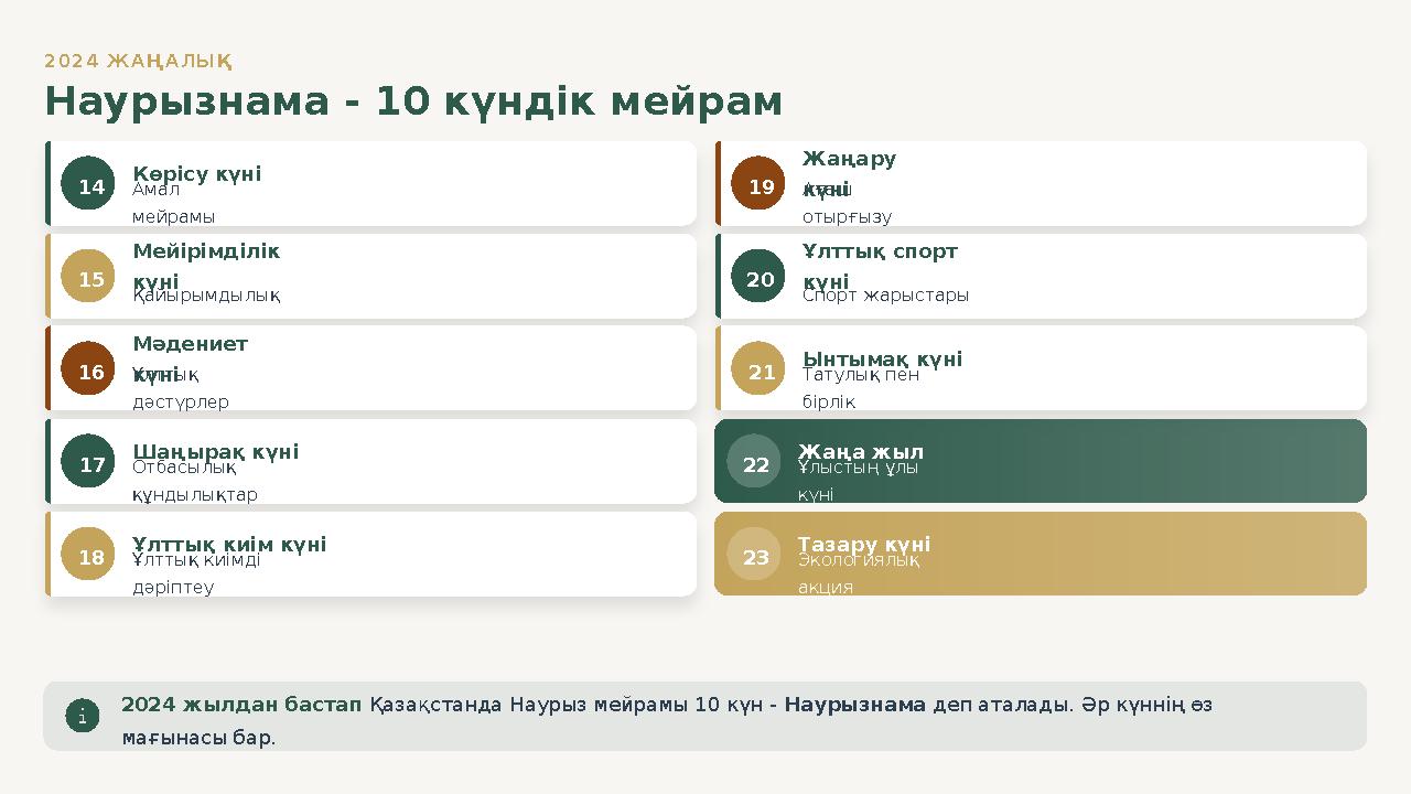 2024 ЖАҢАЛЫҚ Наурызнама - 10 күндік мейрам 14 Көрісу күні Амал мейрамы 15 Мейірімділік күні Қайырымдылық 16 Мәдениет күніҰлтт