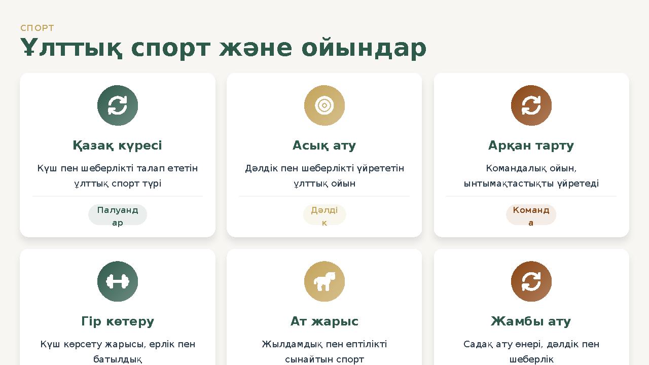 СПОРТ Ұлттық спорт және ойындар Қазақ күресі Күш пен шеберлікті талап ететін ұлттық спорт түрі Палуанд ар Асық ату Дәлдік пен ш