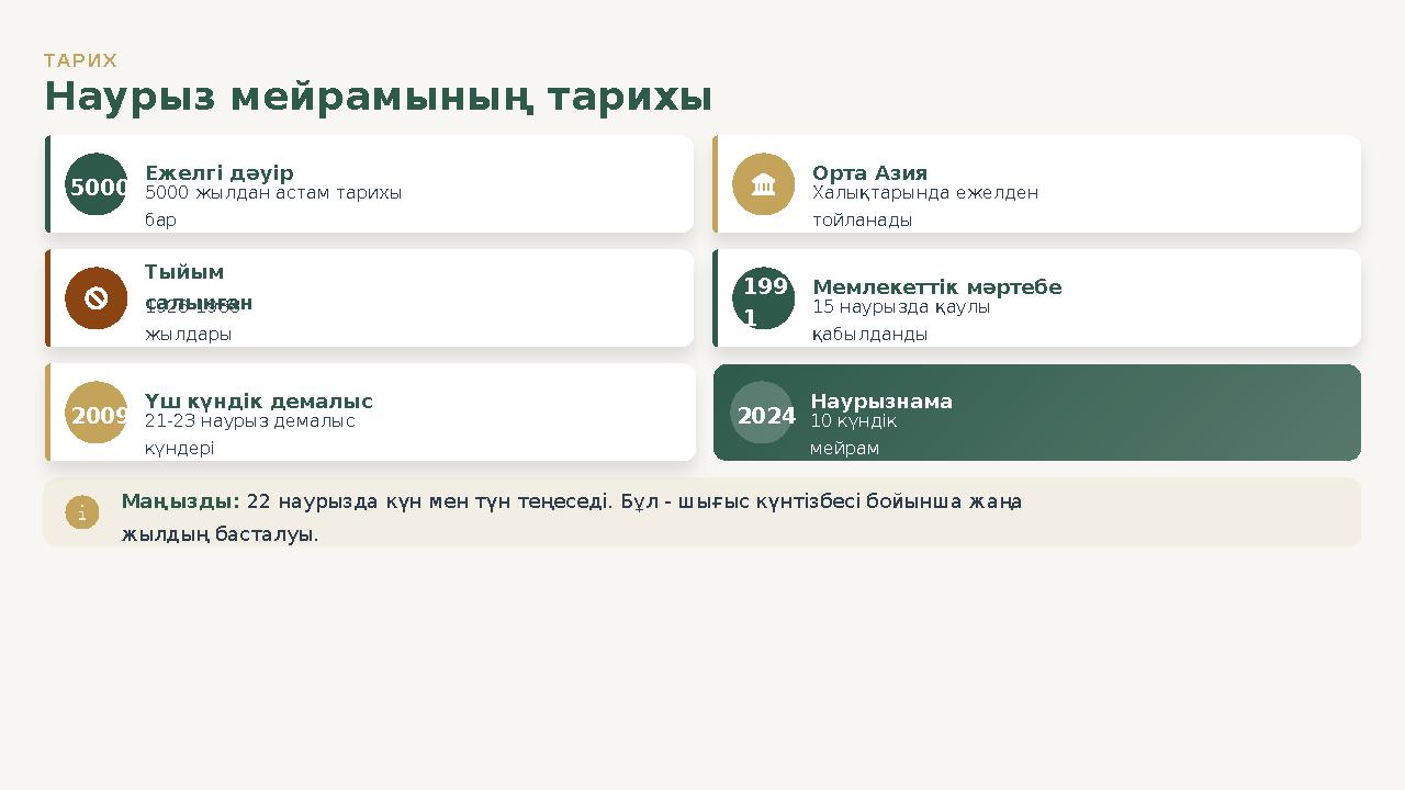ТАРИХ Наурыз мейрамының тарихы 5000 Ежелгі дәуір 5000 жылдан астам тарихы бар Орта Азия Халықтарында ежелден тойланады Тыйым