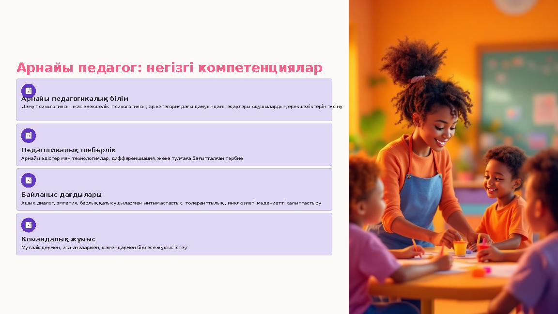 Арнайы педагог: негізгі компетенциялар Арнайы педагогикалық білім Даму психологиясы, жас ерекшелік психологиясы, әр категорияда