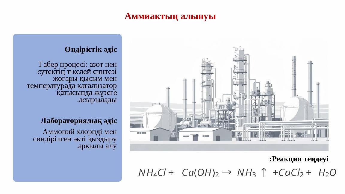 Аммиактың алынуы Өндірістік әдіс Габер процесі: азот пен сутектің тікелей синтезі жоғары қысым мен температурада катализатор