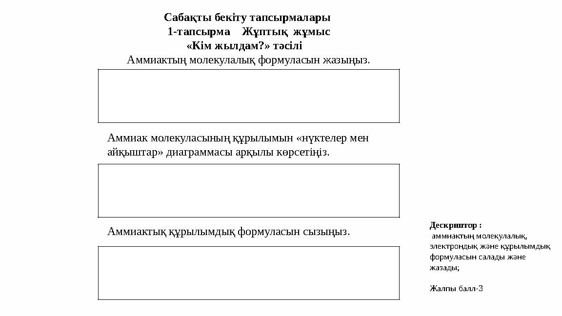 Сабақты бекіту тапсырмалары 1-тапсырма Жұптық жұмыс «Кім жылдам?» тәсілі Аммиактың молекулалық формуласын жазыңыз.