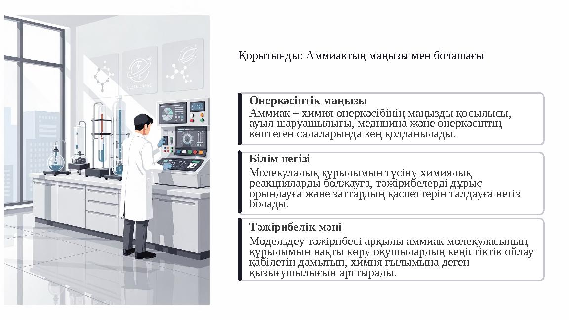 Қорытынды: Аммиактың маңызы мен болашағы Өнеркәсіптік маңызы Аммиак – химия өнеркәсібінің маңызды қосылысы, ауыл шаруашылығы, м