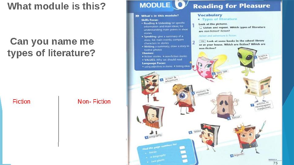 What module is this? Can you name me types of literature? Fiction Non- Fiction