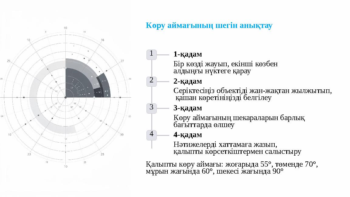 Көру аймағының шегін анықтау 1 1-қадам Бір көзді жауып, екінші көзбен алдыңғы нүктеге қарау 2 2-қадам Серіктесіңіз объектіді жа