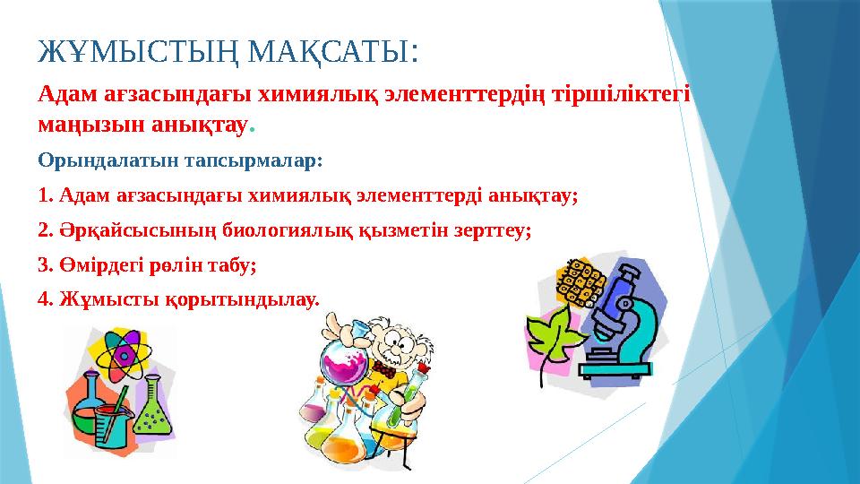 ЖҰМЫСТЫҢ МАҚСАТЫ : Адам ағзасындағы химиялық элементтердің тіршіліктегі маңызын анықтау. Орындалатын тапсырмалар: 1. Адам ағзас