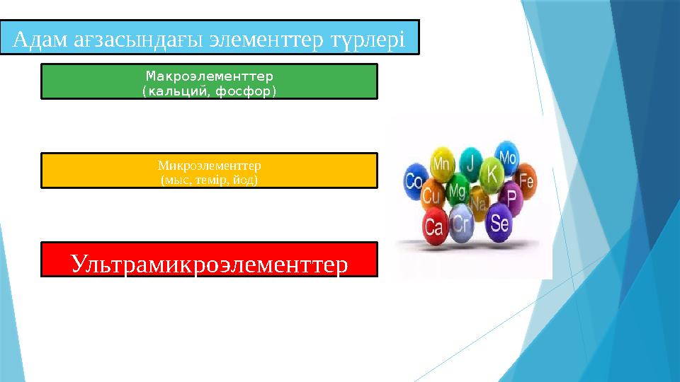 Адам ағзасындағы элементтер түрлері Макроэлементтер (кальций, фосфор) Микроэлементтер (мыс, темір, йод) Ультрамикроэлементтер