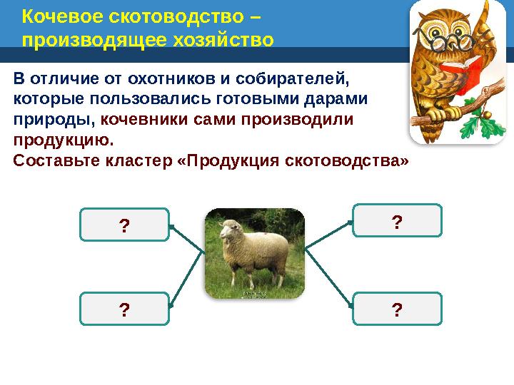 Кочевое скотоводство – производящее хозяйство В отличие от охотников и собирателей, которые пользовались готовыми дарами прир