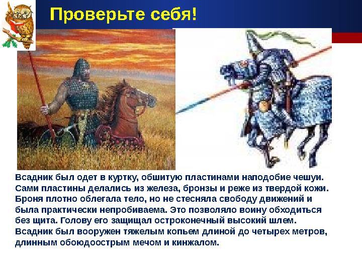 Всадник был одет в куртку, обшитую пластинами наподобие чешуи. Сами пластины делались из железа, бронзы и реже из твердой кожи.