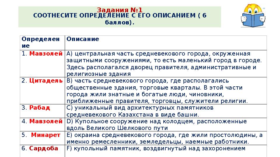 Задания №1 СООТНЕСИТЕ ОПРЕДЕЛЕНИЕ С ЕГО ОПИСАНИЕМ ( 6 баллов). Определен ие Описание 1. Мавзолей А) центральная часть средневе