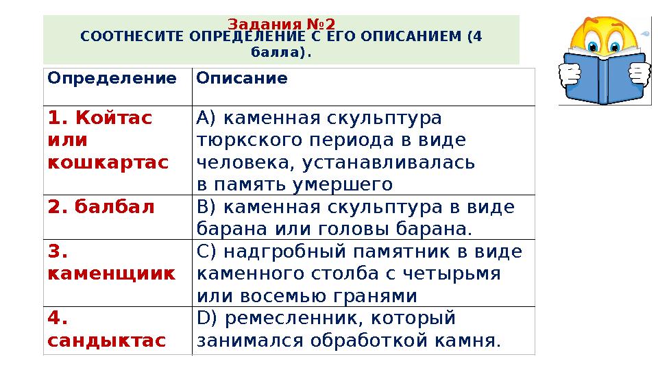 Задания №2 СООТНЕСИТЕ ОПРЕДЕЛЕНИЕ С ЕГО ОПИСАНИЕМ (4 балла). Определение Описание 1. Койтас или кошкартас А) каменная скульпт