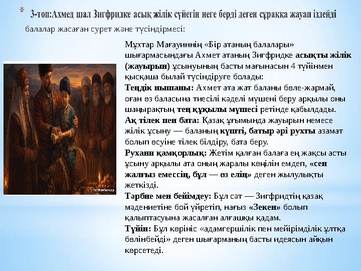балалар жасаған сурет және түсіндірмесі: Мұхтар Мағауиннің «Бір атаның балалары» шығармасындағы Ахмет атаның Зигфридке асықты