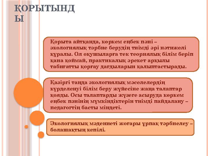 ҚОРЫТЫНД Ы Қорыта айтқанда, көркем еңбек пәні – экологиялық тәрбие берудің тиімді әрі нәтижелі құралы. Ол оқушыларға тек теори