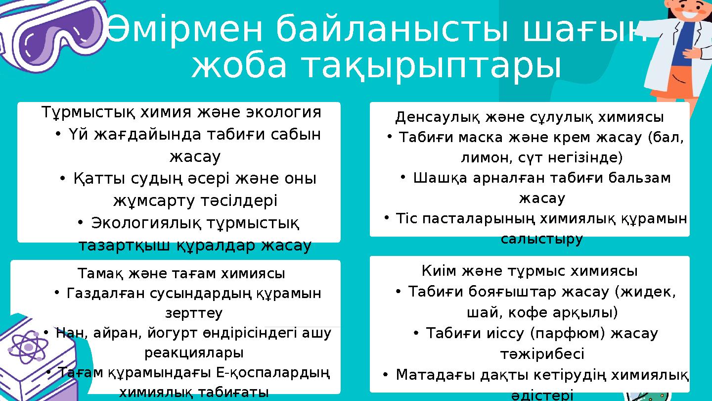 Өмірмен байланысты шағын жоба тақырыптары Тұрмыстық химия және экология •Үй жағдайында табиғи сабын жасау •Қатты судың әсері ж