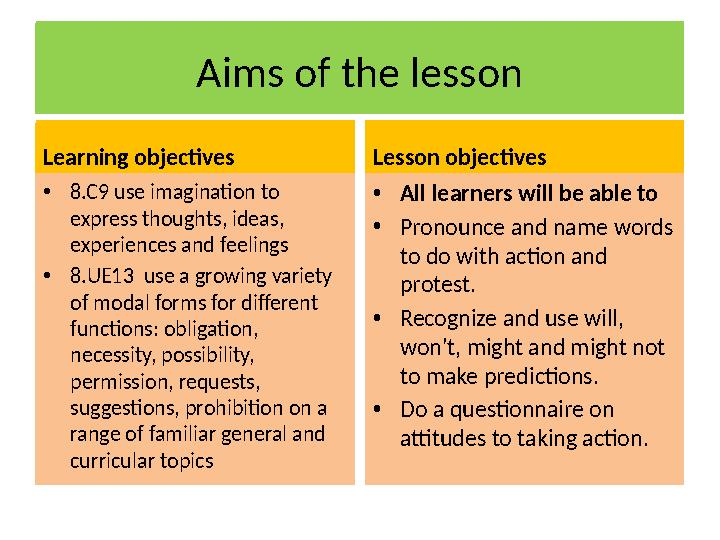 Aims of the lesson Learning objectives •8.C9 use imagination to express thoughts, ideas, experiences and feelings •8.UE13 use