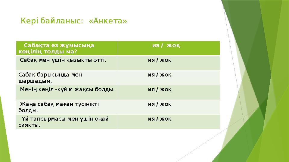 Кері байланыс: «Анкета» Сабақта өз жұмысыңа көңілің толды ма? ия / жоқ Сабақ мен үшін қызықты өтті.