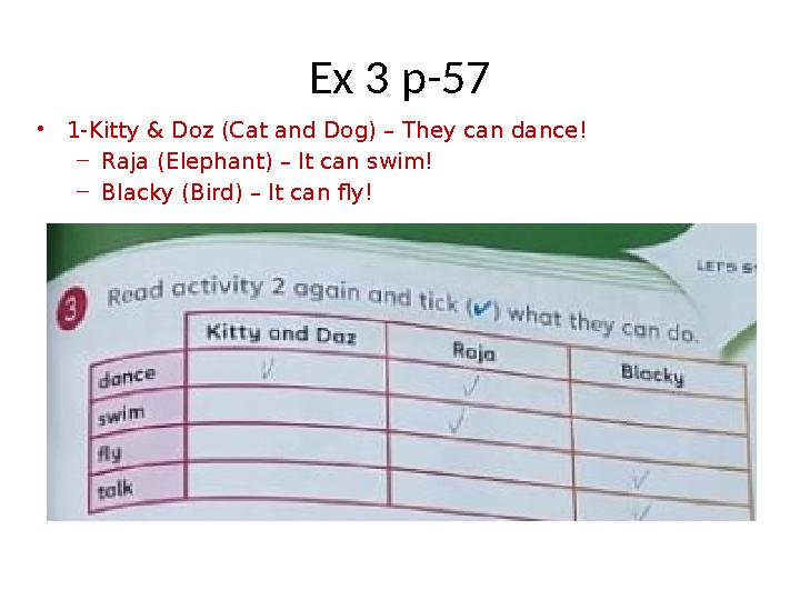 Ex 3 p-57 •1-Kitty & Doz (Cat and Dog) – They can dance! –Raja (Elephant) – It can swim! –Blacky (Bird) – It can fly!