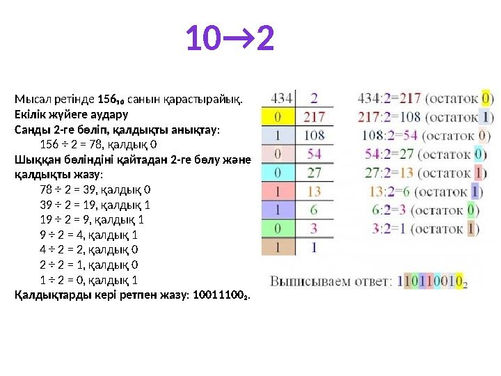 Мысал ретінде 156₁₀ санын қарастырайық. Екілік жүйеге аудару Санды 2-ге бөліп, қалдықты анықтау: 156 ÷ 2 = 78, қалдық 0 Шыққан б