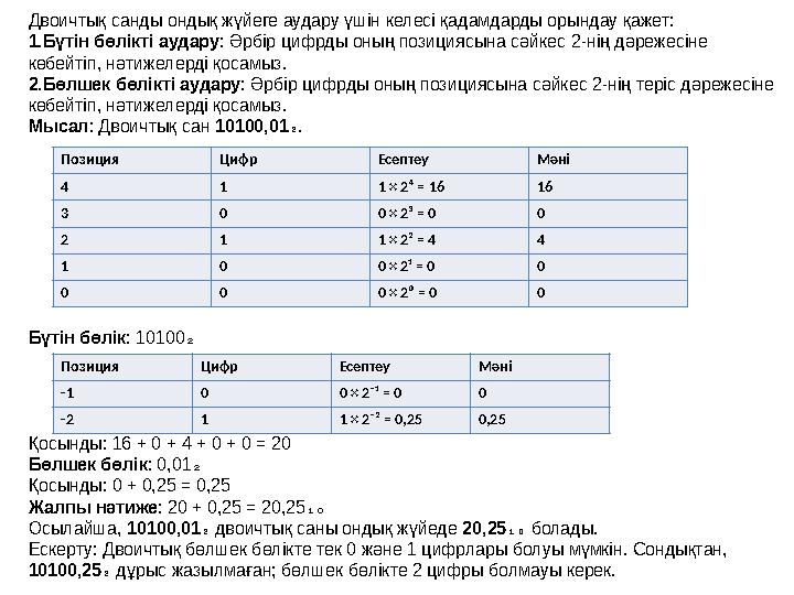 Двоичтық санды ондық жүйеге аудару үшін келесі қадамдарды орындау қажет: 1.Бүтін бөлікті аудару: Әрбір цифрды оның позициясына с
