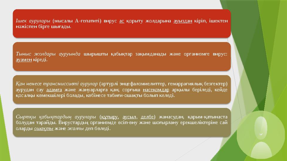 Ішек аурулары (мысалы А-гепатиті) вирус ас қорыту жолдарына ауыздан кіріп, ішектен нәжіспен бірге шығады. Тыныс жолдары ауруынд