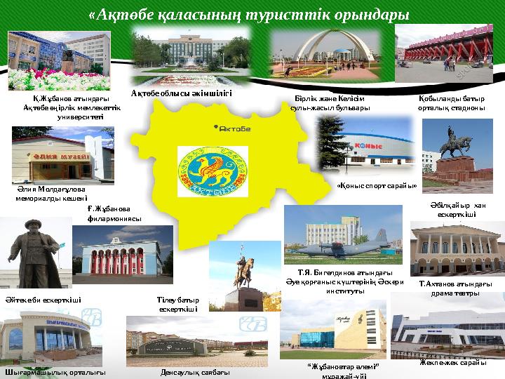 «Ақтөбе қаласының туристтік орындары Әлия Молдағұлова мемориалды кешені Қ.Жұбанов атындағы Ақтөбе өңірлік мемлекеттік