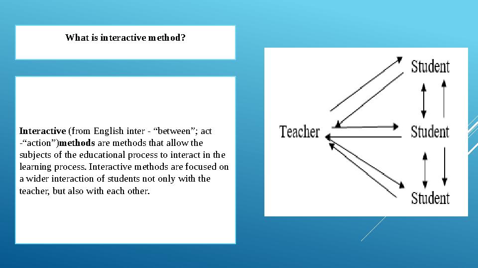 What is interactive method? Interactive (from English inter - “between”; act -“action”)methods are methods that allow the subj