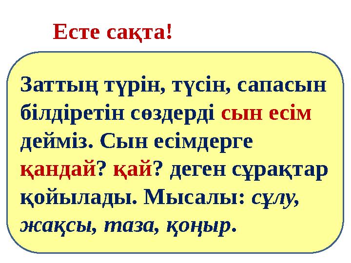 Ойлау деңгейі: білу, түсіну Заттың түрін, түсін, сапасын білдіретін сөздерді сын есім дейміз. Сын есімдерге қандай?