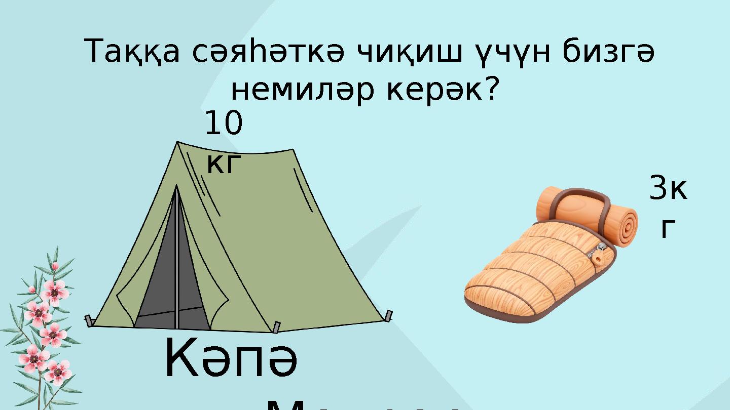 Таққа сәяһәткә чиқиш үчүн бизгә немиләр керәк? Кәпә Матрас 10 кг 3к г