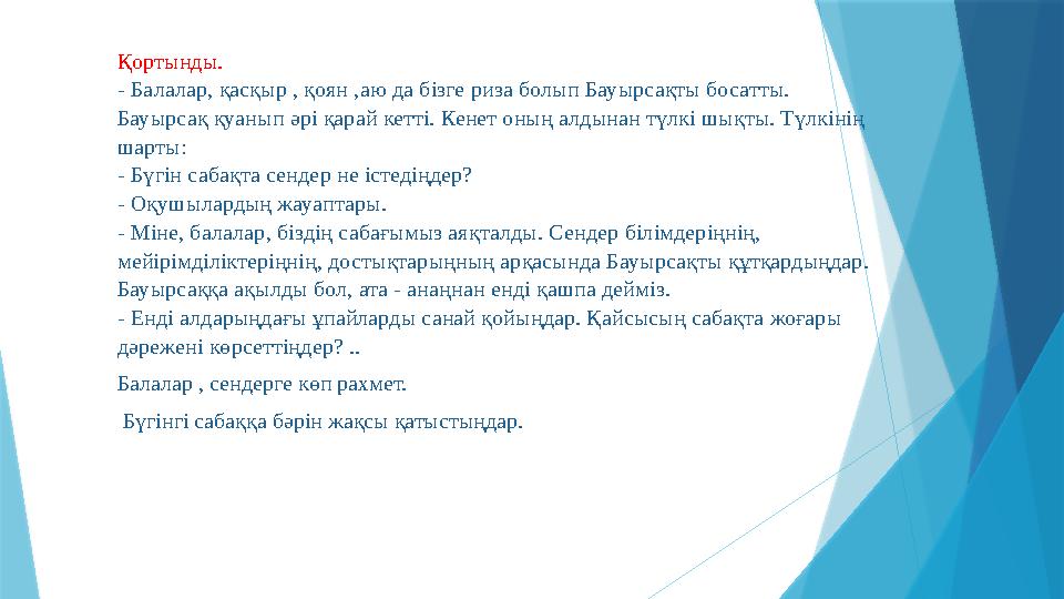 Қортынды. - Балалар, қасқыр , қоян ,аю да бізге риза болып Бауырсақты босатты. Бауырсақ қуанып әрі қарай кетті. Кенет оның алды