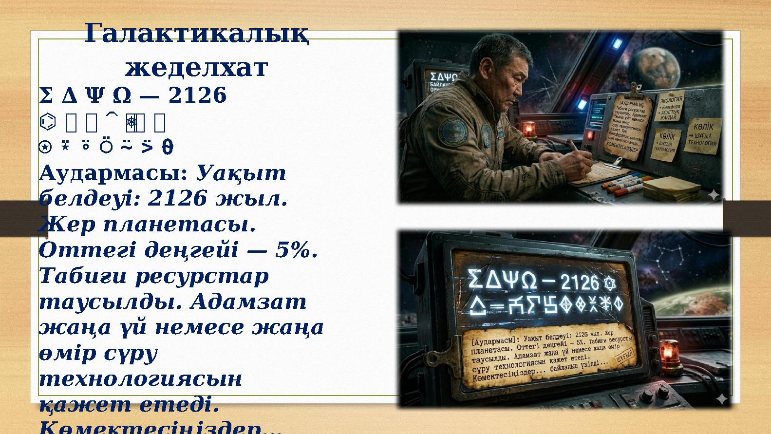 Галактикалық жеделхат Σ Δ Ψ Ω — 2126 ⏖ ⎓ ⌬ ⏛ ⏕ ⎈⏠⎈ ⍟⍣⍤⍥⍨⍩⍬ Аудармасы: Уақыт белдеуі: 2126 жыл. Жер планетасы. Оттегі