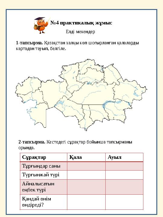 №4 практикалық жұмыс Елді мекендер 1-тапсырма. Қазақстан халқы көп шоғырланған қалаларды картадан тауып, белгіле. 2-тапсырма. К