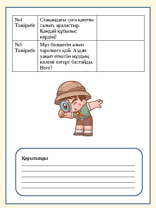 №4 Тәжірибе Стақандағы суға қантты салып, араластыр. Қандай құбылыс көрдің? №5 Тәжірибе Мұз бөлшегін алып тәрелкеге қой. Аз