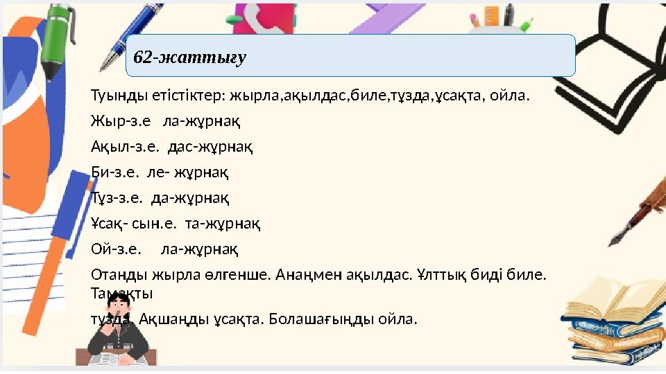 Туынды етістіктер: жырла,ақылдас,биле,тұзда,ұсақта, ойла. Жыр-з.е ла-жұрнақ Ақыл-з.е. дас-жұрнақ Би-з.е. ле- жұрнақ Тұз-з.е.
