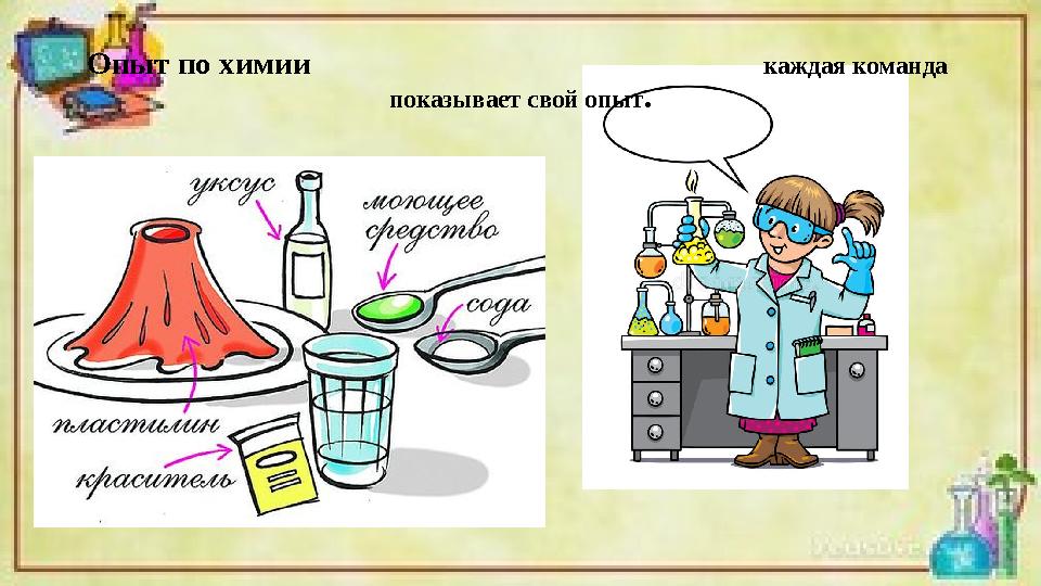 Опыт по химии каждая команда показывает свой опыт.