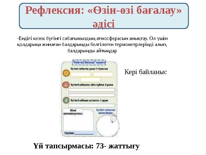 Рефлексия: «Өзін-өзі бағалау» әдісі Үй тапсырмасы: 73- жаттығу -Ендігі кезек бүгінгі сабағымыздың атмосферасын анықтау. Ол үш