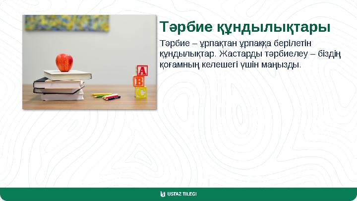 Тәрбие құндылықтары Тәрбие – ұрпақтан ұрпаққа берілетін құндылықтар. Жастарды тәрбиелеу – біздің қоғамның келешегі үшін маңызд
