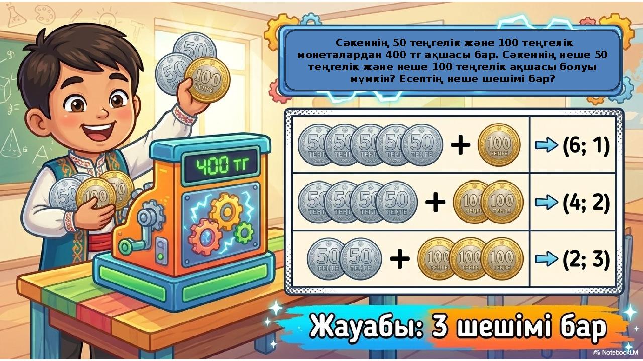 Сәкеннің 50 теңгелік және 100 теңгелік монеталардан 400 тг ақшасы бар. Сәкеннің неше 50 теңгелік және неше 100 теңгелік ақшас